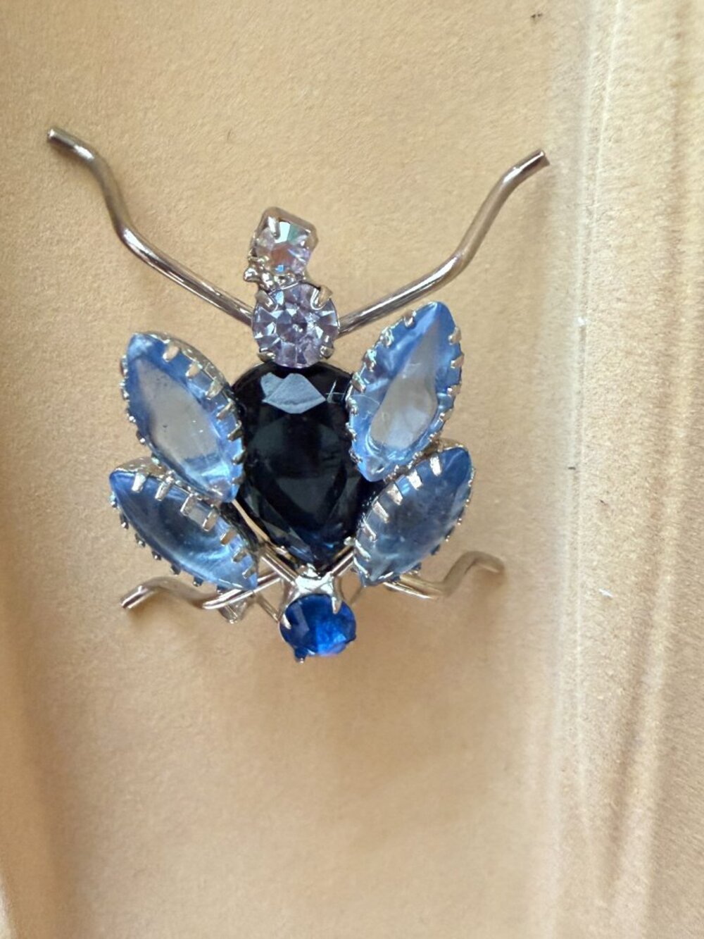 Vintage Fly-Bug Large Brooch Pin Blue Prong Set Rhinestones 1950;s